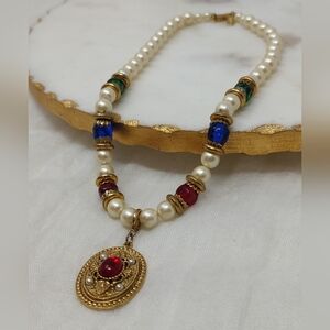 1928 Gold and Pearl Necklace with Red and Blue Accents
